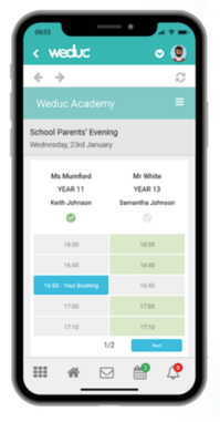 Weduc parents evening module on mobile phone
